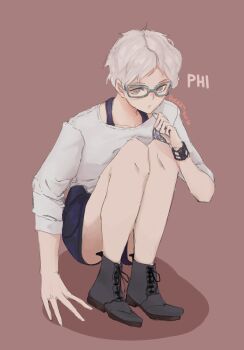 Rule 34 | 1girl, absurdres, aqua-framed eyewear, black boots, black shorts, boots, brooch, character name, closed mouth, commentary, glasses, grey eyes, hand on ground, highres, jewelry, kyokugen dasshutsu, long sleeves, mismatched eyebrows, phi (kyokugen dasshutsu), shirt, shoelaces, short hair, shorts, simple background, solo, squatting, ultzikyung, very short hair, watch, white hair, white shirt, wristwatch, zero escape: toki no dilemma