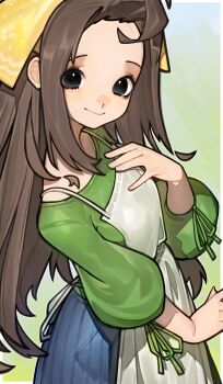 1girl absurdres apron black_eyes blue_skirt bokujou_monogatari bokujou_monogatari:_wonderful_life brown_hair forehead green_shirt hair_scarf hand_on_own_chest hand_up highres hoai_vu long_hair long_sleeves looking_at_viewer no_pupils scarf sepiria_(bokujou_monogatari) shirt skirt smile solo standing straight_hair white_apron yellow_scarf