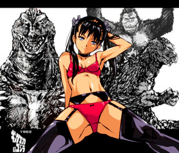 1girl ape black_thighhighs blue_eyes breasts choker cleavage closed_mouth collarbone commentary_request crossover crotch_seam dinosaur facing_viewer garter_belt garter_straps godzilla godzilla_(series) gorilla hair_ribbon hand_up kaiju kamisimo_90 king_kong king_kong_(series) king_kong_vs._godzilla legs long_hair looking_at_viewer navel original panties panties_over_garter_belt ribbon sitting small_breasts spread_legs thighhighs toho twintails twintails_girl_(kamisimo_90) underwear