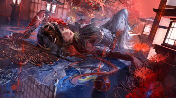 1girl absurdly_detailed_composition absurdres architecture arm_up black_eyes black_hat black_sclera brooch chinese_commentary colored_extremities colored_sclera commentary_request dress dual_persona east_asian_architecture feather-trimmed_dress feathers fingernails flower folding_fan hair_spread_out hand_fan hat highres holding holding_fan identity_v jewelry lantern lipstick long_fingernails long_hair looking_at_viewer lying makeup maple_tree michiko_(identity_v) michiko_(noctis)_(identity_v) mirror on_back outdoors red_hair red_lips shouji sliding_doors solo spider_lily three-quarter_sleeves tree veil youzha_kanjianzi