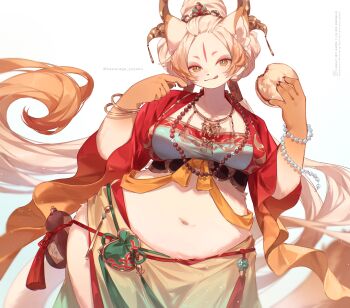 1girl animal_ears bracelet breasts crop_top crown eating facial_mark finger_to_mouth food forehead_mark furry furry_female gourd holding holding_food jewelry kawarage_yatano licking_lips long_hair low_twintails medium_breasts midriff navel original pearl_bracelet plump red_shirt sarong shirt smile solo standing tiara tongue tongue_out twintails twitter_username very_long_hair white_background white_hair wide_hips wide_sleeves yellow_eyes