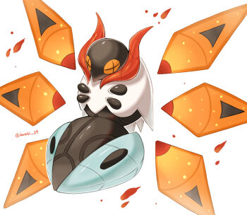 animal_focus artist_name bug commentary_request cross-shaped_pupils detached_wings insect iron_moth iwasi_29 moth multiple_wings nintendo no_humans non-humanoid_robot orange_eyes pokemon pokemon_(creature) robot simple_background symbol-shaped_pupils twitter_username white_background white_fur wings