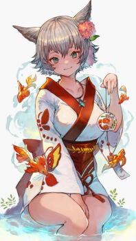 1girl animal_ears aqua_eyes warrior_of_light_(ff14) between_legs breasts cat_ears collarbone commentary commission eyeshadow feet_out_of_frame final_fantasy final_fantasy_xiv fish floating flower freckles grey_hair hair_flower hair_ornament hand_between_legs hand_up hibiscus highres holding holding_string japanese_clothes jewelry kemomin_nosuke kimono large_breasts leaf legs_together looking_at_viewer makeup miqo&#039;te obi obijime partially_submerged pendant red_eyeshadow sash short_hair simple_background sitting skeb_commission slit_pupils smile solo string tassel water white_background white_kimono wide_sleeves