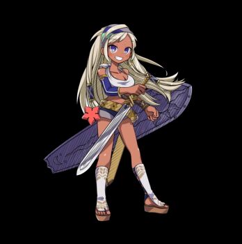 belt black_background blonde_hair blue_shorts blush breasts cleavage clenched_teeth collarbone crop_top dark-skinned_female dark_skin detached_sleeves full_body halterneck headband highres holding holding_shield holding_sword holding_weapon large_breasts long_hair merc_storia merc_storia_art_team micro_shorts official_art pulmery_(merc_storia) purple_eyes reverse_grip sandals shield shin_guards shirt shorts sidelocks simple_background smile solo standing sword tachi-e tan teeth thighs weapon white_shirt