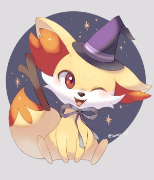 Rule 34 | animal focus, artist name, black background, commentary request, fang, fennekin, gen 6 pokemon, halloween costume, hat, iwasi 29, nintendo, no humans, one eye closed, open mouth, orange eyes, outside border, pokemon, pokemon (creature), sitting, snout, sparkle, tail, twitter username, witch hat, yellow fur
