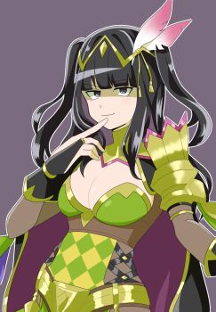 1girl black_eyes black_hair blunt_bangs breasts cleavage feather_hair_ornament feathers finger_to_mouth fire_emblem fire_emblem_awakening fire_emblem_heroes hair_ornament highres light_smile long_hair looking_at_viewer nintendo official_alternate_costume outline ryouyou0730 solo tharja_(fire_emblem) tharja_(gloomy_mage)_(fire_emblem) twintails upper_body white_outline