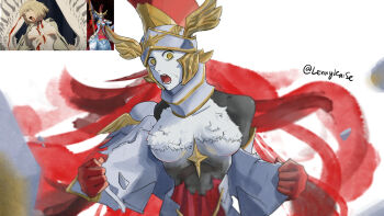 1girl absurdres anime_screenshot_inset armor arsinosa_(wuthering_waves) breastplate colored_skin dungeon_meshi falin_touden falin_touden_(chimera) game_screenshot_inset grey_skin helmet highres humanization lennykaise looking_at_viewer open_mouth pose_imitation scene_reference simple_background solo tearing_clothes torn_clothes twitter_username upper_body white_background wuthering_waves yellow_eyes