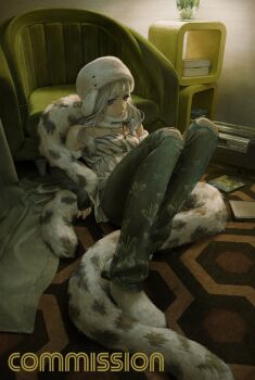 Rule 34 | 1girl, absurdres, animal print, bare shoulders, black bow, black gloves, blue eyes, boombox, bow, bowtie, butterfly print, cd case, commission, couch, denim, detached collar, elbow gloves, fingerless gloves, fur hat, gloves, hat, highres, indoors, jeans, jewelry, kanikumi toi, long hair, necklace, on floor, original, pants, partially shaded face, patterned background, patterned legwear, shirt, sidelighting, solo, spotted fur, strapless, strapless shirt, torn clothes, torn jeans, torn pants, ushanka, watermark, white hair, white shirt