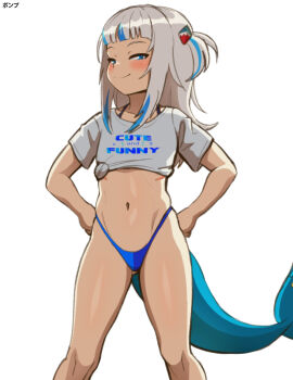 1girl absurdres alternate_costume bare_legs bikini blue_bikini blue_eyes blue_hair blush closed_mouth clothes_writing cropped_legs cropped_shirt cunny_(meme) english_text eyebrows feet_out_of_frame female_focus fins fish_tail gawr_gura half-closed_eyes hands_on_own_hips highleg highleg_bikini highres hololive hololive_english legs_apart loli long_hair looking_at_viewer meme micro_bikini multicolored_hair naughty_face navel ponpu_(pumpkinsinclair) shark_girl shark_tail shirt short_sleeves simple_background smile smug solo standing swimsuit t-shirt tail tied_shirt two-tone_hair virtual_youtuber white_hair white_shirt