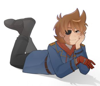 1boy black_boots black_eyes black_pants blue_coat boots brown_hair burn_scar coat commentary eddsworld english_commentary eyepatch future_tord_(eddsworld) hair_ears highres hood hood_down hoodie looking_at_viewer lying male_focus mechanical_arms naelmin on_stomach pants red_hoodie scar short_hair simple_background single_mechanical_arm smile smug solo tord_(eddsworld) white_background