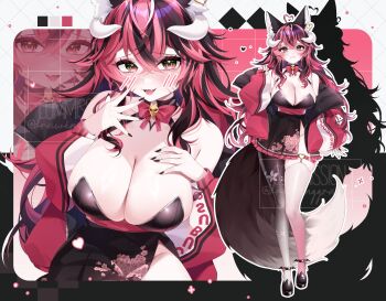 1girl absurdres ahoge animal_ear_fluff animal_ears asaki_valentine asymmetrical_legwear black_hair black_nails black_shoes black_skirt bow bowtie breasts cleavage closed_mouth drawinggranny earrings facial_mark fang fox_ears fox_girl fox_tail gradient_tail gradient_thighhighs green_eyes hair_between_eyes hand_on_own_chest heart heart_ahoge heart_earrings heart_in_eye heart_o-ring highres horns indie_virtual_youtuber jacket jewelry large_breasts long_hair long_sleeves multicolored_hair o-ring open_clothes open_jacket open_mouth pink_bow pink_bowtie pink_hair pink_jacket pink_thighhighs shoes single_earring skin_fang skirt smile streaked_hair symbol_in_eye tail thighhighs twitter_username virtual_youtuber watermark whisker_markings white_horns white_thighhighs