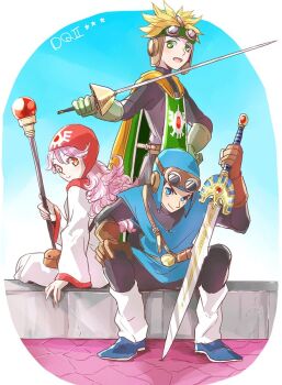 Rule 34 | 1girl, 2boys, arm support, belt, black bodysuit, blonde hair, blue eyes, blue hat, blue tunic, bodysuit, boots, brown gloves, cape, closed mouth, commentary request, cousins, curly hair, dragon quest, dragon quest ii, full body, gloves, goggles, goggles on headwear, green gloves, green tabard, hat, holding, holding staff, holding sword, holding weapon, long hair, long sleeves, looking at viewer, multiple boys, nidou (rechlo), open mouth, orange cape, prince of lorasia, prince of samantoria, princess of moonbrook, purple hair, red hood, robe, short hair, sitting, smile, spiked hair, staff, standing, sword, tabard, tunic, weapon, white robe