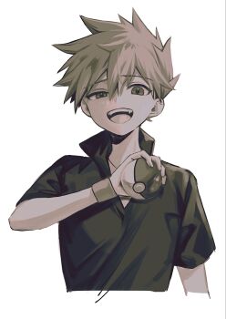 1boy arm_up armband black_shirt blue_oak brown_hair collared_shirt cropped_arm cropped_torso double-parted_bangs hair_between_eyes highres holding holding_poke_ball looking_at_viewer male_focus nintendo open_collar open_mouth pk_rgr96 poke_ball poke_ball_(basic) pokemon pokemon_frlg popped_collar shirt short_sleeves simple_background smile solo spiked_hair teeth tongue uneven_eyes upper_teeth_only white_background