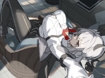 1girl armband black_armband black_eyes black_gloves black_horns black_pants breasts button_gap chair chest_harness commentary commentary_request curled_horns english_commentary gloves grey_hair harness high-waist_pants highres horns indoors large_breasts leaning_back long_hair multicolored_eyes necktie on_chair pants red_eyes red_necktie scottie_(phantom2) shirt shirt_tucked_in sketch solo two-tone_eyes unfinished white_shirt wuthering_waves zani_(wuthering_waves)