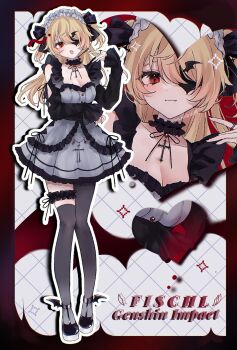 1girl alternate_costume asymmetrical_legwear black_pantyhose black_shoes black_thighhighs blonde_hair breasts character_name cleavage closed_mouth dress eyepatch fang fischl_(genshin_impact) full_body genshin_impact hand_up highres long_hair long_sleeves looking_at_viewer maguro_(minase1684) pantyhose parted_lips red_eyes shoes smile thighhighs two_side_up uneven_legwear