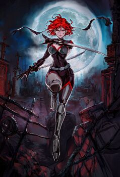 1990s_(style) 1girl arm_blade armored_boots black_bodysuit black_gloves bloodrayne bloodrayne_(videogame) bodysuit boots breasts cleavage commentary curvy david_liu dhampir dual_wielding english_commentary full_body full_moon gloves graveyard half-human headband highres holding knee_pads large_breasts moon night official_art pale_skin red_eyes red_hair red_lips retro_artstyle short_hair solo undead vampire weapon wide_hips