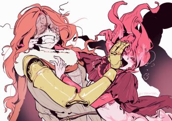 1280x720 2girls amputee blush cape covered_eyes dress elden_ring elden_ring:_shadow_of_the_erdtree fighting highres long_hair malenia_blade_of_miquella multiple_girls prosthesis prosthetic_arm red_hair very_long_hair