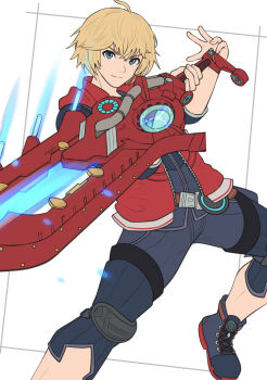 1boy ahoge armor blonde_hair blue_eyes gonzarez highres looking_at_viewer male_focus monado short_hair shulk_(xenoblade) simple_background smile solo sword vest weapon xenoblade_chronicles_1 xenoblade_chronicles:_future_connected xenoblade_chronicles_(series)