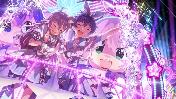 Rule 34 | 2girls, :d, ahoge, character costume, closed eyes, commentary request, crown, dress, game cg, gloves, holding hands, hoshii miki, idolmaster, idolmaster million live!, idolmaster million live! theater days, julia (idolmaster), layered dress, long hair, mini crown, multiple girls, official alternate costume, official alternate hair color, official art, open mouth, pink dress, pink hair, purple hair, short hair, short sleeves, smile, third-party source, white gloves