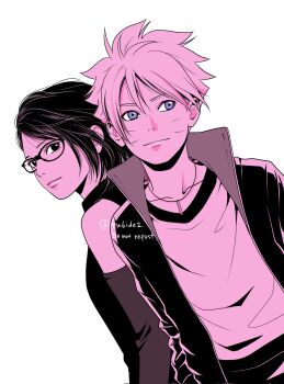 1boy 1girl arm_warmers blue_eyes boruto:_naruto_next_generations commentary_request corrupted_twitter_file glasses highres jacket jewelry limited_palette matsu_(fu6ide2) naruto_(series) necklace pink_theme twitter_username uchiha_sarada uzumaki_boruto watermark