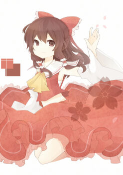 1girl ascot black_eyes black_hair brooch chest_sarashi closed_mouth commentary_request frilled_skirt frills gem hair_between_eyes hair_tubes hakurei_reimu hand_up jewelry key271 long_hair looking_at_viewer red_gem red_shirt red_skirt sailor_collar sarashi shirt sidelocks simple_background skirt sleeveless sleeveless_shirt smile solo touhou waving white_background white_sailor_collar yellow_ascot