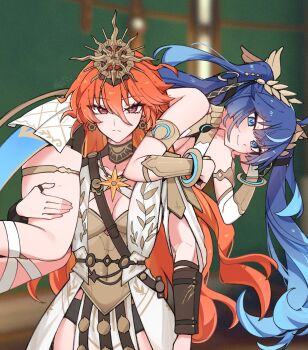 Rule 34 | 2girls, arm armor, armlet, armor, augusta (wuthering waves), bare shoulders, blue eyes, blue hair, blurry, blurry background, breastplate, breasts, carrying, closed mouth, commentary, earrings, fireman's carry, gradient hair, hair between eyes, headgear, highres, iuno (wuthering waves), jewelry, laurel crown, long hair, looking at viewer, medium breasts, multicolored hair, multiple girls, orange hair, red eyes, smile, starblame, streaked hair, sun earrings, thighs, twintails, untranslatable commentary, vambraces, wuthering waves