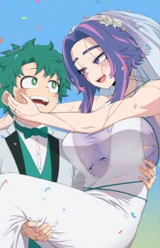 1boy 1girl artist_name blue_background blush boku_no_hero_academia bow bowtie breasts bridal_veil bride bright_pupils carrying commentary confetti dotoyazuki dress eyebrow_cut formal_clothes gradient_background green_bow green_bowtie green_vest groom hand_on_another&#039;s_back hand_on_another&#039;s_face hand_on_another&#039;s_leg highres jewelry lady_nagant large_breasts looking_at_another male_focus midoriya_izuku multicolored_hair princess_carry purple_hair ring scar scar_across_eye scar_on_arm scar_on_face scar_on_hand shirt smile suit symbol-only_commentary two-tone_hair veil vest wedding_dress wedding_ring white_pupils white_shirt white_suit