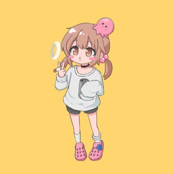 1girl animal animal_on_head black_choker black_shorts brown_eyes brown_hair can child choker cigarette closed_mouth crocs full_body gonzales_ito hair_bobbles hair_ornament holding holding_can holding_cigarette indie_virtual_youtuber long_sleeves low_twintails octopus on_head puckered_lips punyaritan_(vtuber) shirt shorts single_loose_sock smoke_ring smoking socks solo standing twintails variant_set virtual_youtuber white_shirt white_socks yellow_background