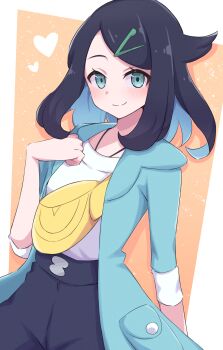 1girl aqua_eyes black_hair blue_hair blue_jacket blush closed_mouth coat colored_inner_hair cowlick hair_ornament hairclip hand_on_own_chest hand_up heart highres jacket liko_(pokemon) looking_at_viewer medium_hair multicolored_hair nintendo open_clothes open_jacket piyo_to_game pokemon pokemon_(anime) pokemon_horizons shirt smile solo three-quarter_sleeves two-tone_hair white_shirt