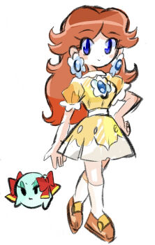 Rule 34 | 2girls, blue eyes, bow, bow (paper mario), brown hair, commentary request, dress, earrings, flower earrings, hand on own hip, highres, jewelry, long hair, looking at viewer, mario (series), multiple girls, nintendo, paper mario, paper mario 64, princess daisy, princess daisy (classic sports), rakugaki shitagari-ya, red bow, simple background, smile, white background, yellow dress
