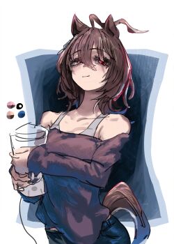 1girl absurdres agnes_tachyon_(umamusume) animal_ears bare_shoulders black_pants bra_strap brown_hair closed_mouth color_guide hair_between_eyes highres horse_ears horse_girl horse_tail medium_hair off-shoulder_shirt off_shoulder pants purple_shirt red_eyes rinka_(tonariuta) shirt smile solo tail umamusume wolf_cut