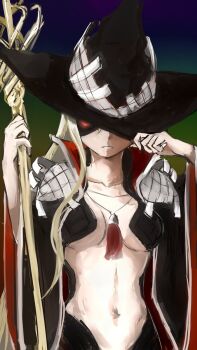 1girl artist_request blonde_hair breasts cape cleavage curvy eyepatch hat hat_over_eyes highres large_breasts long_hair navel othinus parted_lips shaded_face solo source_request staff teeth toaru_majutsu_no_index toaru_majutsu_no_index:_new_testament toned witch_hat