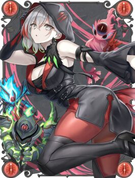 Rule 34 | 1girl, ass, bare shoulders, breasts, cleavage, commentary request, detached sleeves, diabellstar the black witch, dress, duel monster, feet out of frame, gradient hair, green hair, grey eyes, grey hair, highres, hood, hood up, large breasts, long sleeves, looking at viewer, medium hair, multicolored hair, open mouth, pale skin, red hair, short hair, sitting, snake-eyes poplar, thighhighs, yu-gi-oh!, zen77766