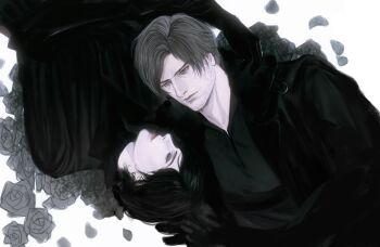 Rule 34 | 1boy, 1girl, ada wong, beard stubble, black coat, black gloves, black hair, black shirt, brown hair, closed eyes, coat, facial hair, falling petals, flower, from above, fur-trimmed coat, fur trim, gloves, hayashishisou, highres, leon s. kennedy, petals, red lips, resident evil, resident evil requiem, rose, shirt, short hair, stubble, swept bangs, upper body, white background