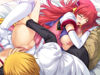 1boy 1girl 69 bed bed_sheet blonde_hair blush boots breasts breasts_out censored choukou_(alicesoft) choukou_tenshi_escalayer closed_eyes clothing_aside elbow_gloves escalayer fingering game_cg gloves hetero knee_boots kouenji_sayuka large_breasts large_variant_set leg_lift leg_up long_hair lying magical_girl mosaic_censoring nipples non-web_source official_art on_side onigirikun open_mouth oral pants penis pussy pussy_juice red_hair shirt skirt spread_legs sweat underwear variant_set very_long_hair white_gloves yanase_kyouhei