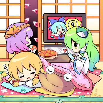 3girls cellphone circled_9 cirno commentary_request detached_sleeves disembodied_eye food frog_hair_ornament fruit gap_(touhou) green_hair hair_ornament hair_ribbon hat heart highres holding holding_food holding_fruit holding_phone indoors kochiya_sanae kotatsu leaf_hair_ornament long_sleeves lying moriya_suwako multiple_girls notification on_stomach orange_(fruit) peeling phone purple_hair ramudia_(lamyun) red_ribbon ribbon rope shirt short_hair sleeping sliding_doors smartphone snake_hair_ornament table tatami television touhou tress_ribbon under_kotatsu under_table unworn_hat unworn_headwear watching_television white_shirt white_sleeves wide_sleeves yasaka_kanako yellow_eyes zzz