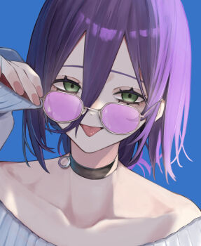 1girl :p absurdres black_choker blue_background chainsaw_man choker green_eyes grenade_pin grey_sweater highres jun_(30409972) medium_hair pink-tinted_eyewear purple_hair reze_(chainsaw_man) solo sweater tinted_eyewear tongue tongue_out