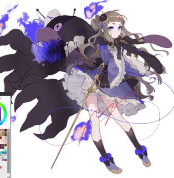 1girl animal_ears art_program_in_frame beak black_gloves black_socks blonde_hair blue_dress blunt_bangs claws contrapposto curly_hair dress elbow_gloves frilled_dress frilled_sleeves frills full_body gloves holding_ears knitting_needle lance long_hair looking_at_viewer needle original pincushion polearm purple_eyes rabbit_ears shorts sidelocks signature simple_background socks solo stuffed_animal stuffed_toy stuffing unfinished very_long_hair weapon white_background white_shorts yoimon