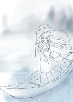 1girl alternate_costume boat bow chinese_commentary closed_mouth commentary_request expressionless gohei hair_bow hair_ribbon hakurei_reimu highres holding holding_gohei japanese_clothes karaqia kimono long_hair long_sleeves mixed-language_commentary on_boat red_ribbon ribbon skirt solo touhou very_long_hair watercraft wide_sleeves