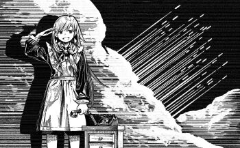 1girl :d absurdres antique_phone apron backdrop cloud corded_phone crosshatching dress greyscale hatching_(texture) highres holding holding_phone kilsturgeon long_hair long_sleeves monochrome neckerchief open_mouth original phone rotary_phone salute shadow smile solo