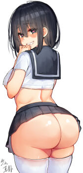 1girl artist_name ass black_hair black_skirt blue_eyes blush breasts crop_top curvy female_focus from_behind hair_between_eyes hand_up heart heart-shaped_pupils huge_ass kawakami_masaki long_hair looking_at_viewer looking_back medium_breasts microskirt no_panties open_mouth original pleated_skirt plump school_uniform serafuku short_sleeves sidelocks signature simple_background skirt smile solo symbol-shaped_pupils thick_thighs thighhighs thighs underboob undersized_clothes white_background white_thighhighs wide_hips