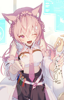 1girl absurdres animal_ear_fluff animal_ears bare_shoulders black_skirt braid breasts chest_belt coat_partially_removed crown_braid grabbing_another&#039;s_arm hakui_koyori hakui_koyori_(1st_costume) hexagon_hair_ornament highres holding holding_another&#039;s_arm holding_marker hololive lab_coat long_hair looking_at_viewer marker midriff mont_blanca necktie one_eye_closed pink_hair pink_necktie purple_eyes shirt skirt sleeveless sleeveless_shirt smile tail vial virtual_youtuber white_shirt wolf_ears wolf_girl wolf_tail