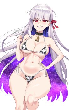 1girl absurdres animal_print bare_shoulders bell bikini breasts cleavage collar colored_inner_hair cow_print cow_print_bikini cowbell evil_grin evil_smile fate/grand_order fate_(series) gradient_hair grin hair_ribbon highres icbm100 kama_(adult)_(fate) kama_(fate) large_breasts long_hair looking_at_viewer micro_bikini multicolored_hair navel print_bikini purple_hair red_eyes ribbon smile solo swimsuit very_long_hair white_bikini white_hair