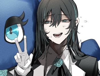 Rule 34 | 1girl, ado (utaite), adorozatorumary, black hair, blue eyes, chando (ado), commentary request, film grain, gloves, gunjyou (gunjyou 00), hair between eyes, highres, multicolored hair, nervous sweating, open mouth, sanrio, simple background, streaked hair, sweat, teeth, utaite, v, w, white background, white gloves