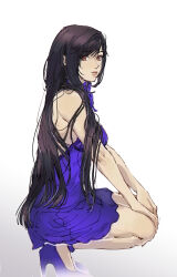 Rule 34 | bare back, bare shoulders, black hair, blue dress, blue footwear, commentary, dress, english commentary, expressionless, final fantasy, final fantasy vii, final fantasy vii remake, from side, gradient background, grey background, hands on own knees, high heels, highres, long hair, looking afar, pudelmudel, red eyes, sitting, sleeveless, sleeveless dress, squatting, tifa lockhart