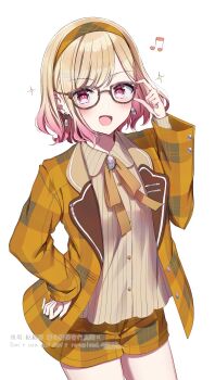 1girl adjusting_eyewear bespectacled blonde_hair blush commentary_request do_while02 earrings glasses gradient_hair hairband hand_on_own_hip happy_enjoy_music!_(project_sekai) highres jacket jewelry long_sleeves looking_at_viewer multicolored_hair musical_note official_alternate_costume official_alternate_hair_length official_alternate_hairstyle open_mouth pink_hair project_sekai shirt short_hair shorts simple_background smile solo tenma_saki watermark white_background