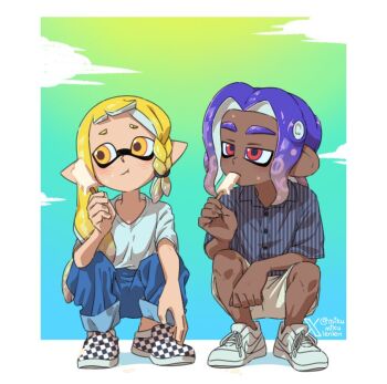1boy 1girl ariamikukanzaki asymmetrical_hair blonde_hair blue_hair blue_pants braid checkered_footwear commentary dark-skinned_male dark_skin english_commentary eyebrow_cut food hirooooo_(splatoon) holding holding_food holding_popsicle inkling melting nintendo octoling pants pointy_ears popsicle red_eyes shirt shoes shorts side_braid signature slip-on_shoes sneakers splatoon_(series) splatoon_3 squatting striped_clothes striped_shirt sweatdrop t-shirt tentacle_hair veronika_(splatoon) white_shoes white_shorts yellow_eyes