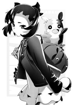 1girl absurdres asymmetrical_bangs backpack bag black_hair black_jacket cowboy_shot dress gen_8_pokemon greyscale hair_ribbon highres holding holding_poke_ball jacket looking_at_viewer marnie_(pokemon) medium_hair monochrome morpeko morpeko_(full) nintendo nishizora_aki on_shoulder poke_ball pokemon pokemon_(creature) pokemon_on_shoulder pokemon_swsh ribbon short_dress short_twintails twintails undercut