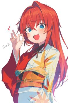 1girl 2026 :d ange_katrina ange_katrina_(new_year) black_sash blue_eyes blush commentary_request crossed_bangs floral_print floral_print_kimono hair_between_eyes hair_intakes hand_up japanese_clothes kimono long_hair long_sleeves looking_at_viewer multicolored_sash nijisanji obi obiage obidome obijime ok_sign open_mouth orange_sash print_kimono red_hair red_kimono red_sash sash simple_background smile solo sukuna136 teeth upper_body upper_teeth_only virtual_youtuber white_background white_kimono