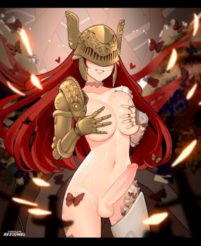 1futa artist_name breasts bug butterfly covered_eyes covering_breasts covering_privates elden_ring erection fromsoftware futanari helmet highres insect large_breasts long_hair malenia_blade_of_miquella malenia_goddess_of_rot navel nude patreon_username penis prosthesis prosthetic_arm prosthetic_leg red_hair rezodwel smile smirk solo solo_focus testicles thighs twitter_username uncensored very_long_hair winged_helmet